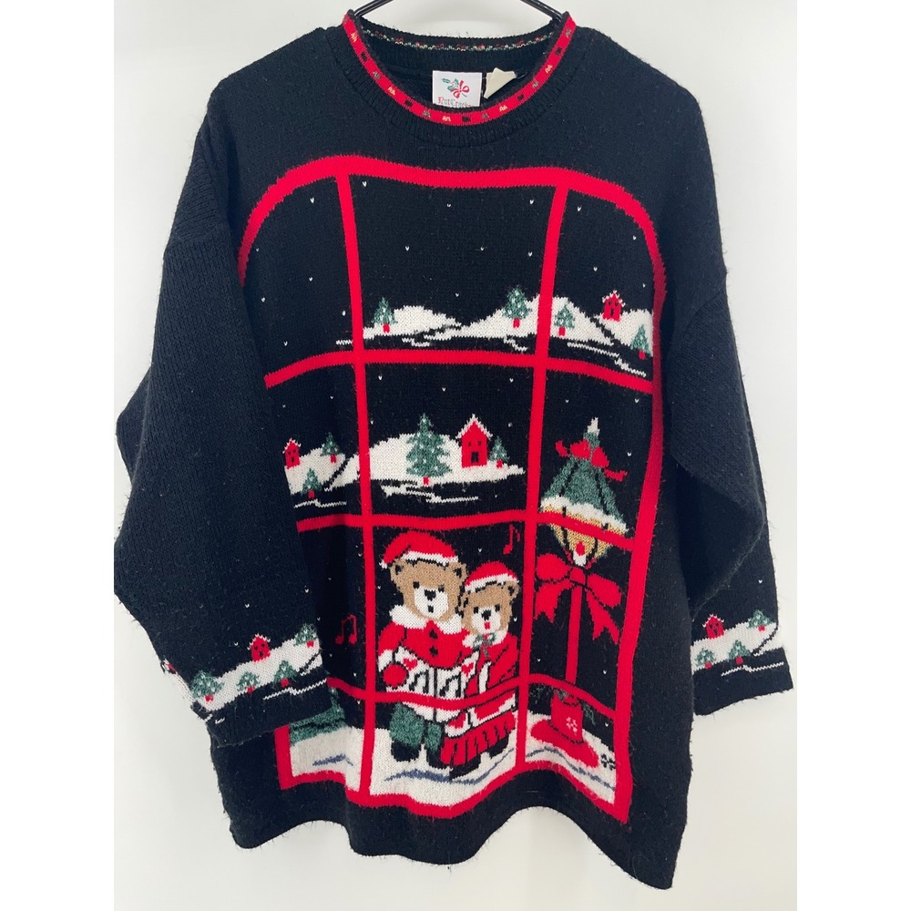 Nutcracker Sweater Women L Black Red Vintage Christmas Carolling Bears Holiday